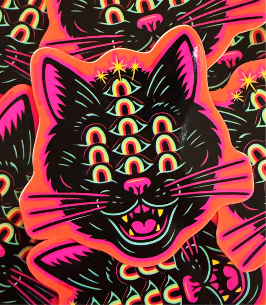 Retro psychedelic Black Cat 3” vinyl sticker
